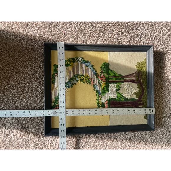 Vtg Framed Crewel Embroidery Springtime Gazebo Needlepoint Floral Grandmacore - Picture 3 of 16